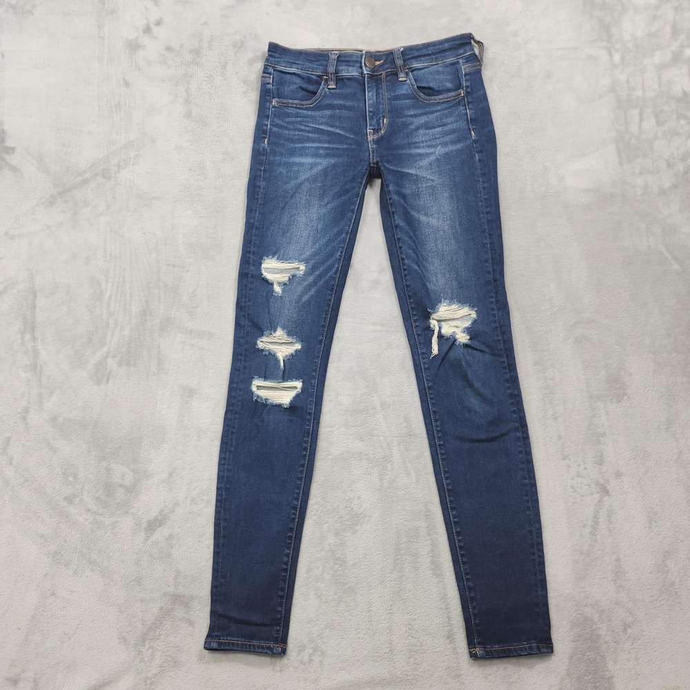 American Eagle Jeans Womens 4 LONG Blue Mid Rise Jegging Distressed Ripped